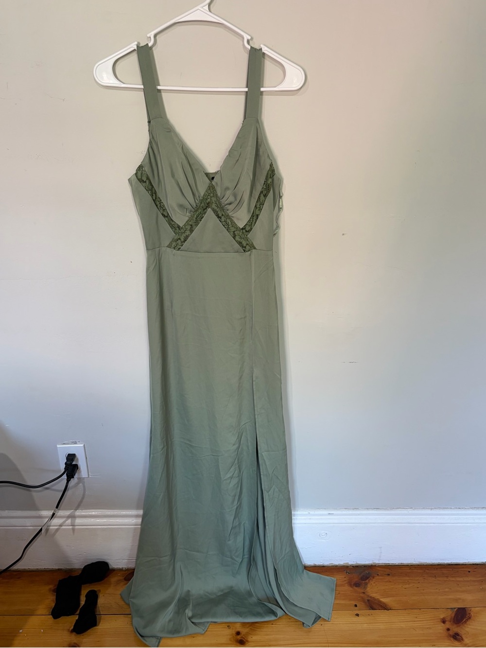 Fashion Nova Sage Green Lace-Trim Maxi Slip Dress